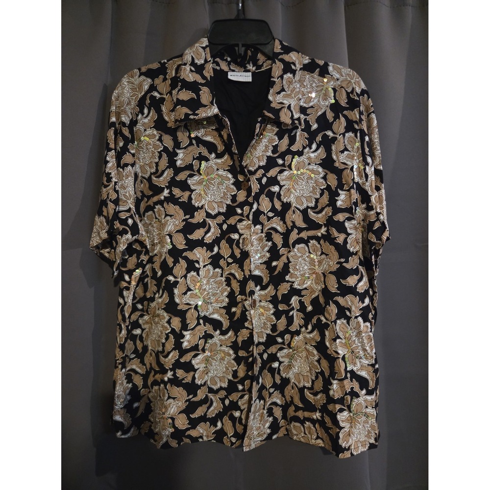 White Stag Floral Sequin Rayon Blouse Black Tan Short Sleeve Large